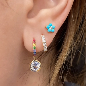 Macro shot of luxury s925 silver earring set featuring blue flower and colorful zircon studs