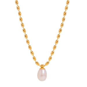 Collier à perles en acier inoxydable plaqué or 18k avec un pendentif perle blanche