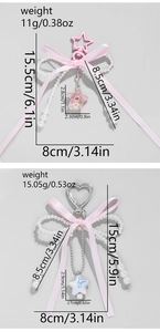 Detailed view of pink bow star charms with pearl beads and precise size measurements