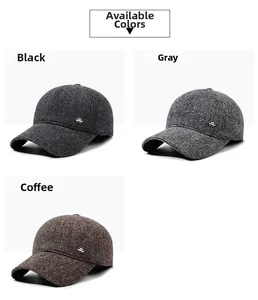 Detailed close-up of thickened winter baseball caps with wool blend texture and metal logo