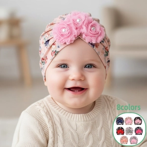 Baby Turban Hat Floral Print Polyester Infant Beanie Soft Stretchy Headwrap With 3D Flowers And Faux Artificial Pearls For Newborn Girls