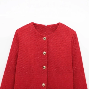 Classic red tweed jacket for women featuring elegant gold buttons and a casual crew neck cut