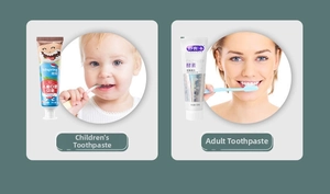 Detail view of toothpaste dispenser showing side-by-side child and adult usage options