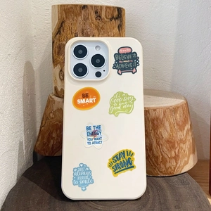 Waterproof motivational English stickers on phone case with aesthetic wood background