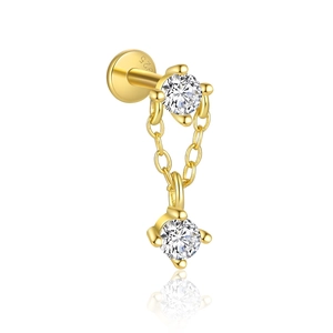 Detail showing S925 hallmark on gold silver ear stud with zirconia and hanging chain