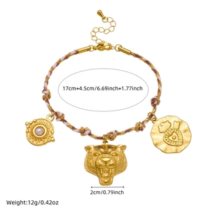 Bohemian woven bracelet with gold tiger head and heart relief pendants for women