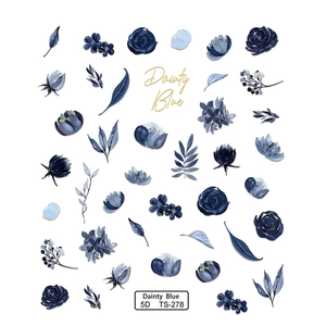Detailed 5D embossed blue floral nail stickers with dainty gradient ink flower patterns