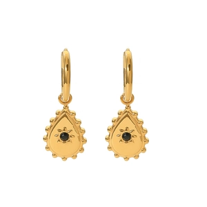 Detail of 18k gold plated drop earrings with vintage black stone and crystal accents