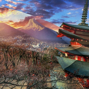 Detailed texture of bohemian Mount Fuji tapestry with cherry blossoms and red pagoda