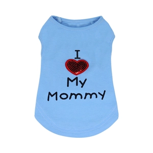 Blue ribbed cotton pet vest featuring 'I My Mommy' embroidery and a red sequin heart