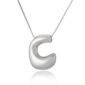 Polished silver letter C pendant with elegant box chain on reflective white surface