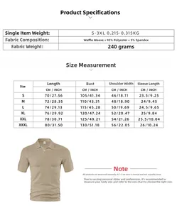 Detailed size chart for men's waffle textured short sleeve shirt showing CM and INCH measurements