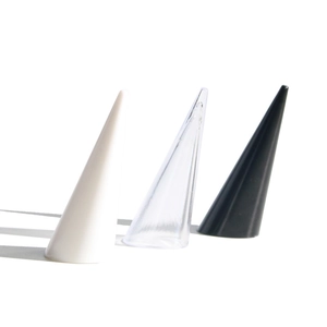 Conical acrylic ring display stands in white, transparent, and black colors