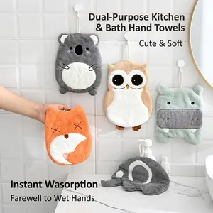 Cute Cartoon Animal Hand Towels Coral Fleece Absorbent Hanging Loop Bathroom Kitchen Quick Dry For Kids Koala Capybara