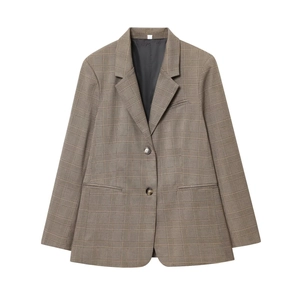 Blazer À Carreaux Pour Femmes Veste En Laine Simple Boutonnage Revers Vintage Décontracté Bureau Marron