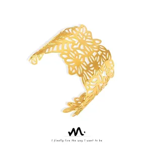 Boucle D'oreille Fleur Feuille Creux Ouvert Bracelet Manchette Acier Titane Plaqué Or Bijoux Géométriques Pour Femmes
