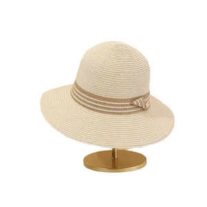 Women's wide brim french straw sun hat in beige with decorative striped band and metal pin