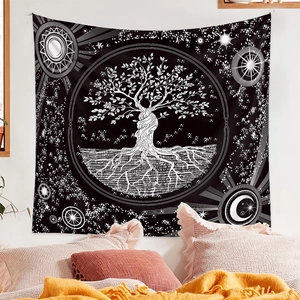Detailed view of bohemian tree of life tapestry with celestial stars in a bedroom setting