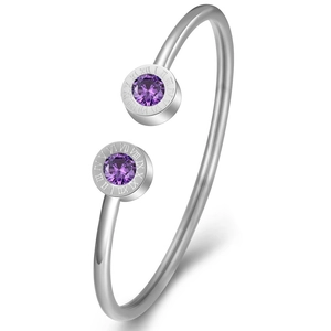 Polished stainless steel 3mm open cuff bangle with Roman numerals and purple birthstones