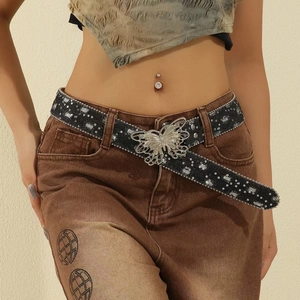 Butterfly Buckle Women Belt Denim Fabric Sequins Rhinestones Retro Shinning Waistband For Jeans Pants Dress Accessories