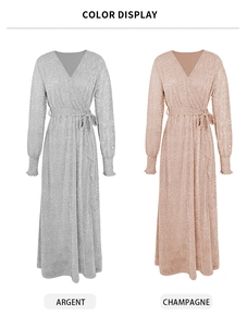 Color display of silver and champagne long sleeve V-neck sequin wrap dresses