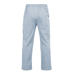 Vista posteriore dei pantaloni in lino a righe blu con vita elastica e coulisse