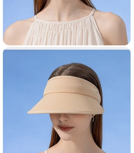 Close-up of beige UPF50+ sun visor hat showing fabric texture and summer fashion style