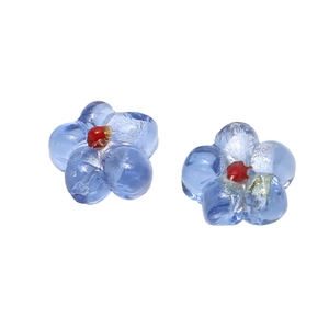 Blue glass flower beads with red pistils and silver glitter for DIY jewelry making