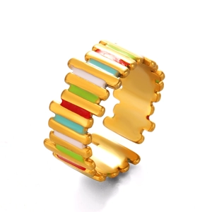 Colorful enamel geometric open ring in gold finish with striped pattern 45-degree view