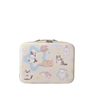 Vanity case beige mignon à imprimé chat, grand rangement pour maquillage et soins de la peau