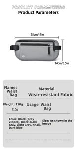 Detailed technical diagram showing dimensions and waterproof RFID fabric of the travel waist pack