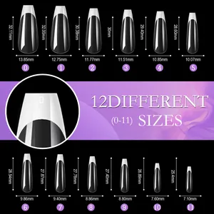 Detailed size chart for long ballerina press-on nails with 12 precise measurements