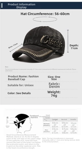 Detailed size guide for washed denim baseball cap with head circumference measurements