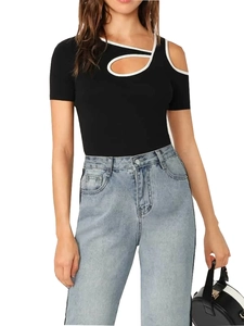 Women's black short sleeve top with asymmetrical hollow neckline and white contrast trim