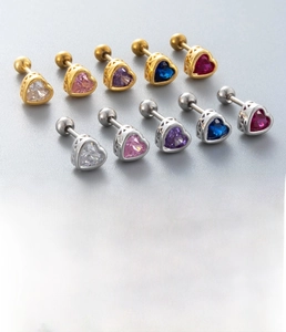 Macro view of heart zircon earrings with titanium steel screw back in multiple colors