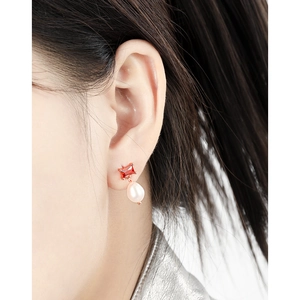 Elegant S925 silver stud earrings with red gemstone, white pearl, and rose gold finish