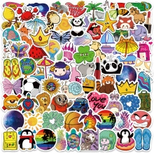 Flat lay view of various cartoon stickers featuring animals and nature designs