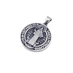 Embossed Saint Benedict silver steel cross coin pendant necklace for men