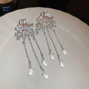 Detail of silver crystal flower tassel earrings with teardrop gems on a white plate