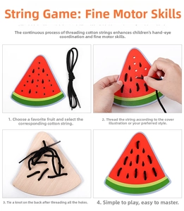 Macro view of wooden watermelon threading toy showing fine motor skills training steps