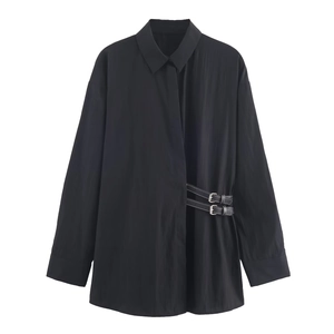 Women Black Long Sleeve Blouse Poplin Shirt Side Metal Buckle Straps Solid Color Casual Button Down Lapel Fashion Top