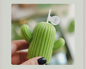 Gros plan d'une bougie en forme de cactus vert avec détails de texture et étiquette