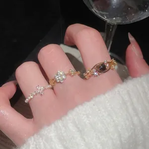 French Elegant Zircon Artificial Pearl Open Rings For Women Alloy Gold Plated Adjustable Finger Jewelry Vintage Style Accessory