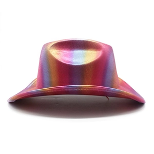 Detail of colorful rainbow cowboy hat with metallic sheen for party and festival costumes