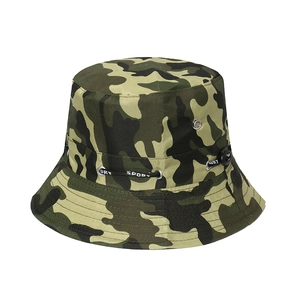 Unisex camouflage bucket hat with adjustable drawstring for outdoor fishing and hiking