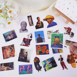 Close-up of oil painting stickers featuring Van Gogh and Mona Lisa for luggage decoration