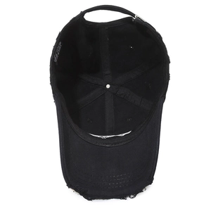 Vintage distressed black cotton baseball cap with adjustable metal buckle back view