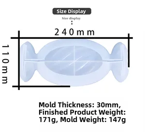 Candy shaped silicone mold dimensions: 240mm length, 110mm width and 30mm thickness