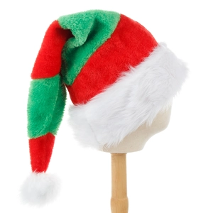 Extra long striped Christmas elf hat in red and green plush fabric with white pompom