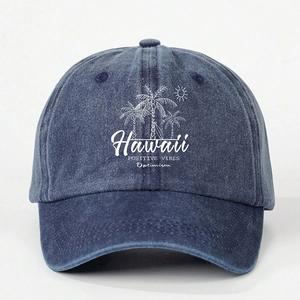 Washed navy denim baseball cap with Hawaii palm tree print and positive vibes text